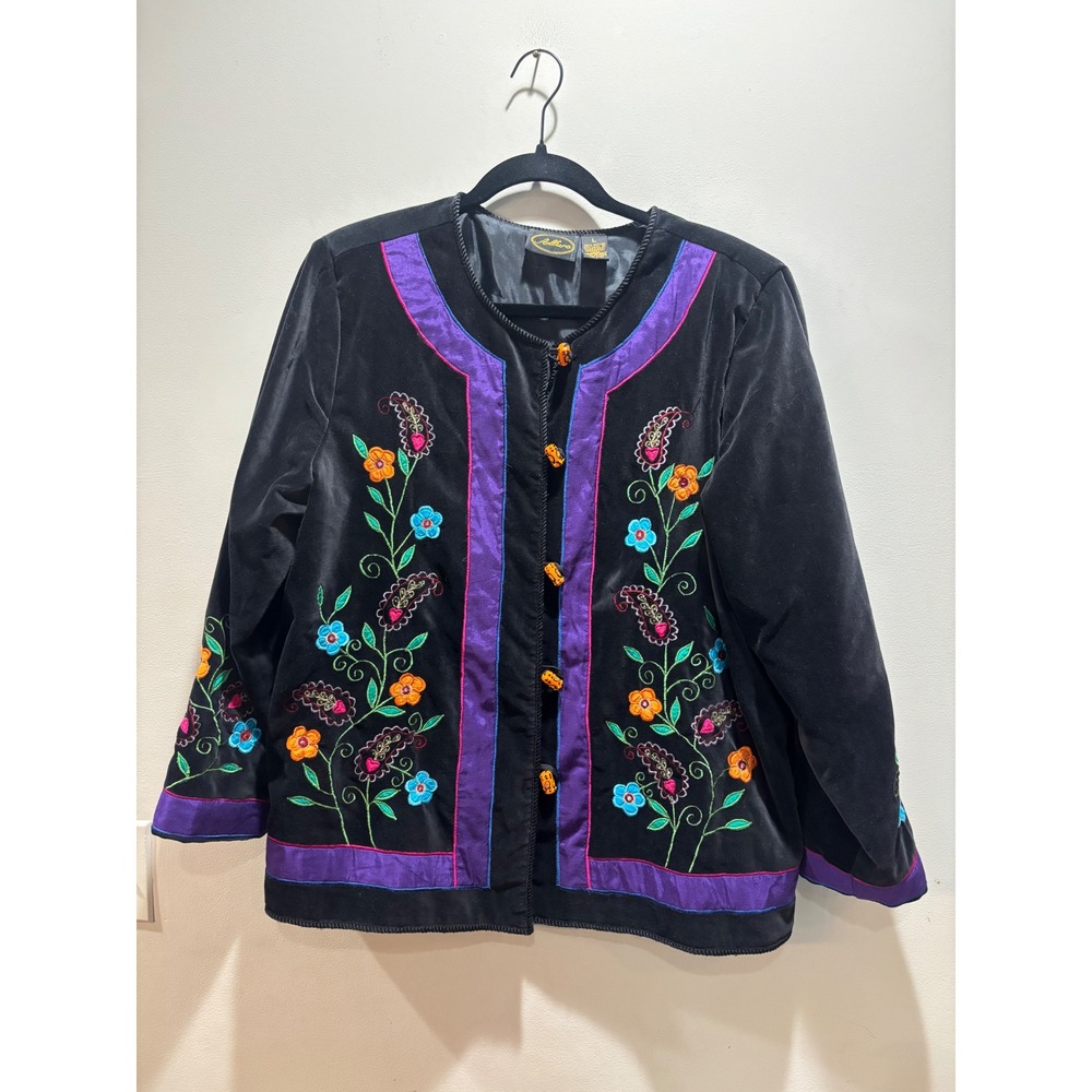 Vtg Allure Black Velvet Embroidered Floral Paisley Toggle Jacket Womens Large L